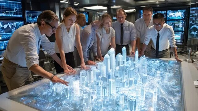Visionaries at the Table: A group of diverse professionals huddle around a modern table. They appear to be in deep discussion with a glowing scale model.
