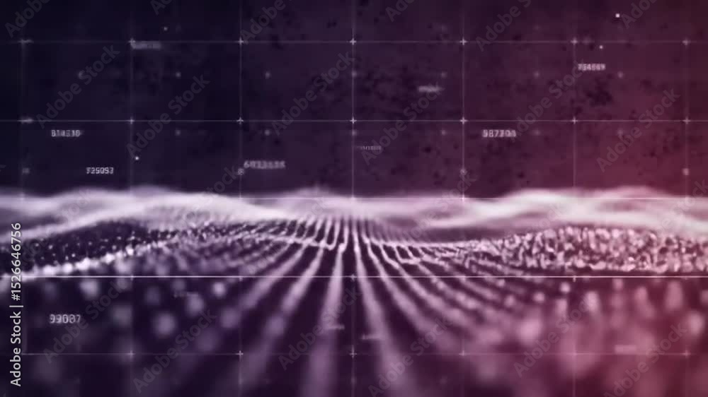 Poster abstract waves of white particles on textured maroon backdrop with digital numbers futuristic dynami