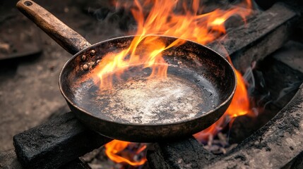 Close-up of a pan handle held over a high flame