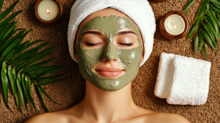 Luxury wellness spa environment with a professional beautician performing a hydrating clay mask facial on a young woman
