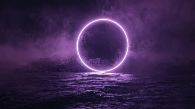 Minimalist portals with light trails, deep purple and charcoal, futuristic mystery