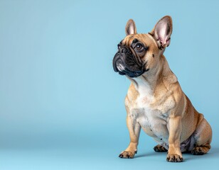 French Bulldog Portrait on Blue Background: A captivating studio portrait of a charming French Bulldog, its attentive gaze and unique features highlighted against a simple, refreshing background.