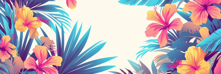 Fototapeta premium Tropical foliage background with overlapping palm fronds and colorful hibiscus flowers
