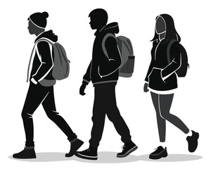 Three students walking with backpacks in black and white vector illustration