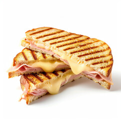 ham and cheese toast, sliced diagonally, grilled sandwich with melted cheese and ham, floating effect,soft drop shadow, studio lighting, product photography style