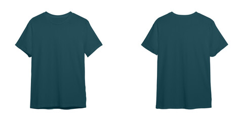 Front and Back View of Plain Dark Teal Blue T-Shirt Mockup Isolated on White Background
