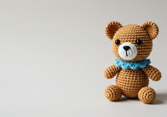 Obraz premium Adorable crocheted teddy bear with blue collar on neutral background