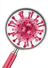 Magnified virus illustration in red color, showcasing intricate details under magnifying glass, evoking curiosity and concern