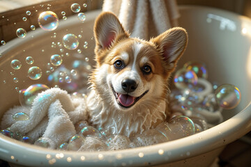 Corgi enjoys a playful bath with bubbles in a cozy bathroom setting
