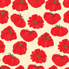 Seamless pattern heirloom tomatoes with green stems different shapes. Flat vector illustration isolated on light background. Colorful vegetable variety. Healthy eating and organic farming concept
