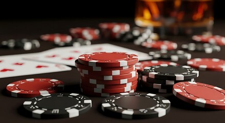 Close-up of poker chips, playing cards, and drinks creating a gambling scene