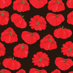 Seamless pattern heirloom tomatoes with green stems different shapes. Flat vector illustration isolated on dark background. Colorful vegetable variety. Healthy eating and organic farming concept