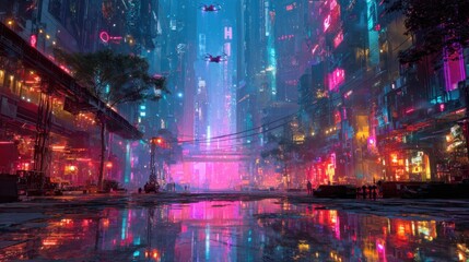 Nighttime futuristic cityscape aerial neon lights over urban environments