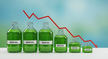 This impactful visual uses diminishing biofuel containers and a stark red arrow to symbolize a downturn in the renewable energy sector, prompting discussions on economic shifts and the future of susta