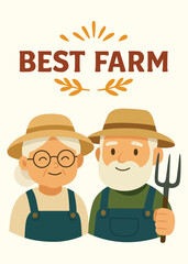 Smiling senior farmer couple wearing hats and overalls holding pitchfork under "Best Farm" sign. Flat cartoon illustration for banner and print. Farming and agriculture concept. Design for banner