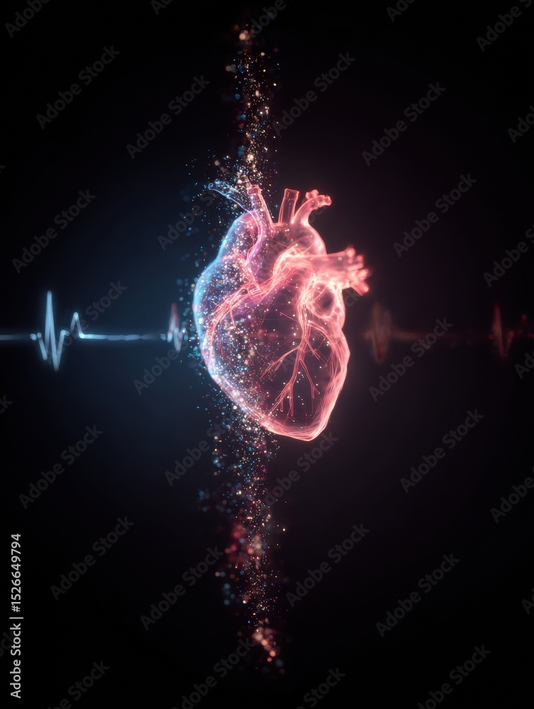 Poster ekg line transitions into a glowing heart symbolizing life and vitality against a dark background