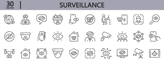 Surveillance line icons set with CCTV, Security, Camera, Face, Detection, Recognition, Identity and more. Editable Stroke