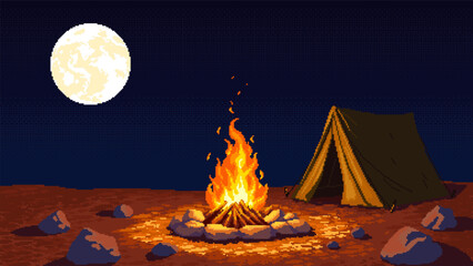 Pixel art illustration of a tent and campfire glowing surrounded by rocks under a full moon in a wide open desert at night. © ad_stock