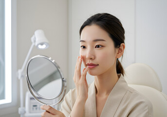 Woman looking at her face in a mirror