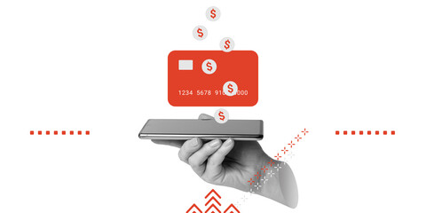 Mobile Payment, e-wallet use. Hand holds smartphone while red bank card and dollar icons float above, representing mobile payment or e-wallet use. Minimalist art collage