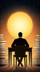 Silhouette of writer at vintage desk surrounded by books, illuminated by bright sun, evokes inspiration and creativity