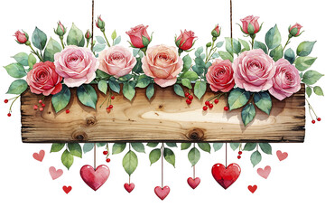 Colorful floral arrangement with roses and hearts in a rustic wooden display for decor