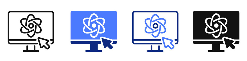 Vector icon or logo of computer monitor with science sign related to physics and chemistry, nuclear energy, education. Symbol for website or app UI, logo design, illustration