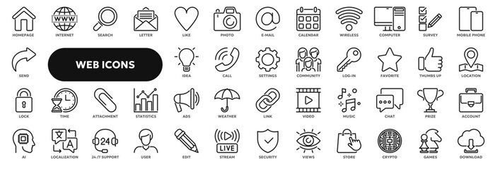 Set of vector line icons related to internet technology, social media, communication. Symbols for website or app UI, logo design, illustration