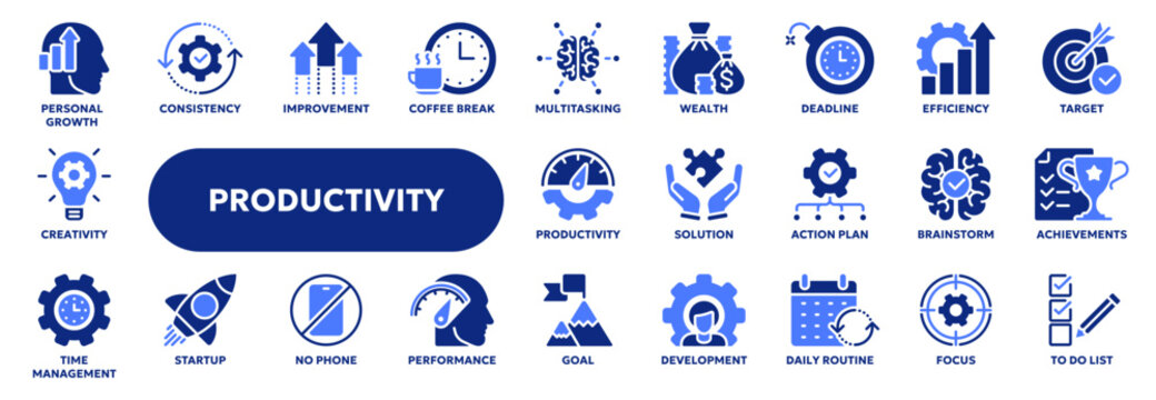 Set of vector solid icons related to productivity and efficiency, personal growth and success, workflow performance. Symbols for website or app UI, logo design, illustration