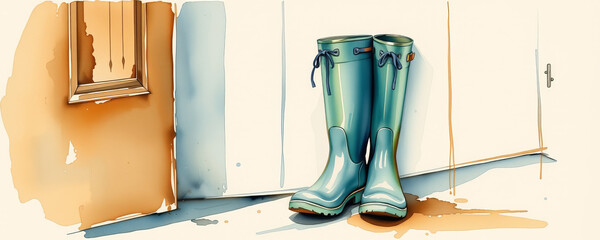 Charming watercolor painting of green rain boots standing against wall with warm tones