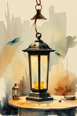 Charming watercolor painting of glowing lantern on table with butterflies flying nearby