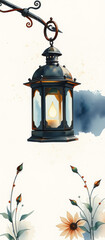 Charming watercolor lantern hanging with glowing light and delicate flowers below