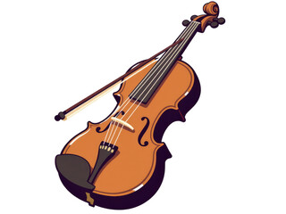 a simple flat 2d icon of a violin with its bow, minimalist design, solid brown and dark brown colors, clean sharp lines, no shadows, isolated on a plain white background