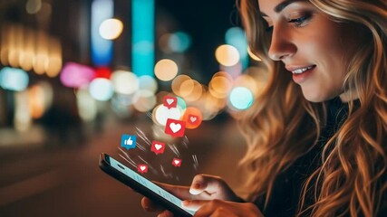 blonde woman using smartphone with floating social media engagement icons at night with colorful city lights bokeh background - Powered by Adobe