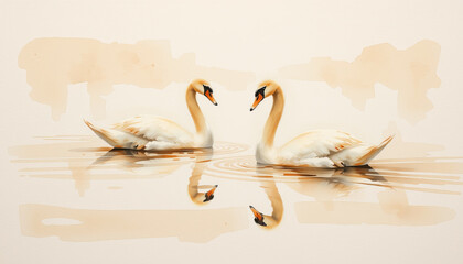 Two elegant swan swimming on calm water with soft reflection and warm tones