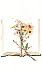 Charming watercolor illustration of open book with delicate flowers blooming inside