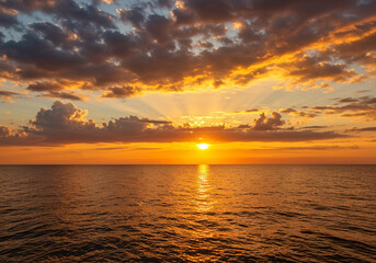 Stunning ocean sunset with vibrant golden cloudscape and sun rays breaking through