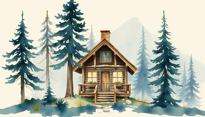 Charming watercolor cabin surrounded by tall pine trees in peaceful forest setting