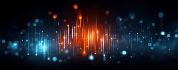 Abstract digital light waves with glowing vertical lines in blue and orange on a dark background, evoking a futuristic, technological atmosphere.