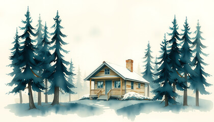 Charming watercolor cabin surrounded by tall pine trees in snowy winter forest