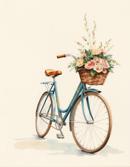 Charming watercolor bicycle with basket full of pastel flowers on light background