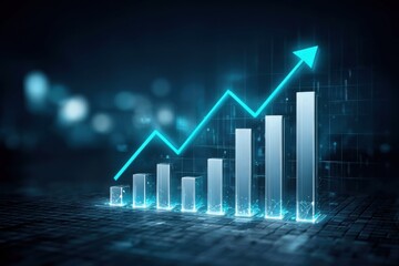 Concept of creating innovation in financial data analysis. A glowing blue 3D bar chart with an upward trending arrow, symbolizing growth, progress, and success in a futuristic digital environment.