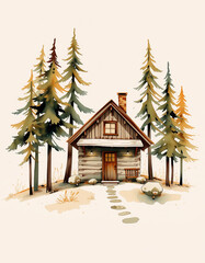 Charming watercolor illustration of cozy wooden cabin surrounded by tall pine trees in autumn