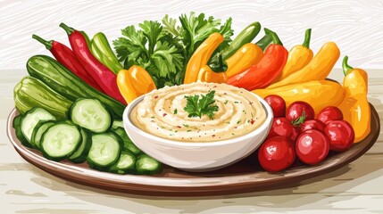 Fresh and Vibrant Platter of Colorful Vegetables with Creamy Dip Ready for Healthy Snacking or Meal Preparation at a Rustic Kitchen Table