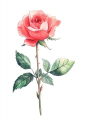 Obraz premium Pink-red rose with leaves and stem art illustration flower.