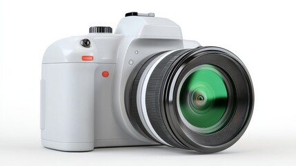 3D Rendered White Camera with Sleek Body and Prominent Green Lens on Plain Background