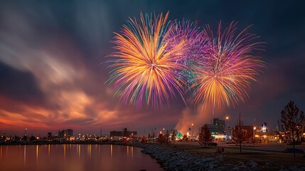 Fototapeta premium A long-exposure shot of fireworks over a small-town baseball field, colorful streaks painting the sky, nostalgic Fourth of July feel