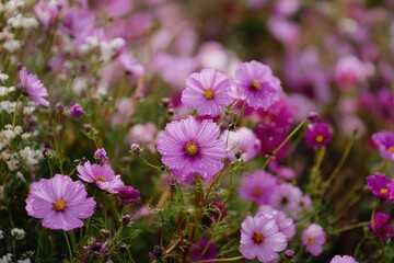 Obraz premium A Vibrant Meadow Filled with Beautiful Pink Flowers in Full Bloom Captured with Soft Focus and Dew Drops Glimmering in Gentle Morning Light