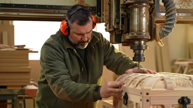 Skilled Craftsman Operates Milling Machine Intricately Designing Wooden Box in Woodworking Shop Wearing Safety Earmuffs