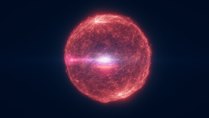Glowing red digital sphere with radiant core and electric filaments, representing futuristic energy, power, and data in a sci-fi concept